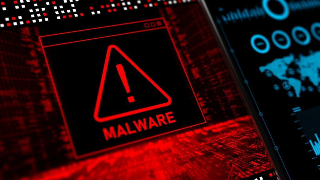 Malware Detected Warning Screen with abstract binary code 3d digital concept