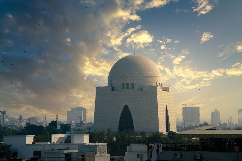 Karachi Pakistan 2022, Photograph of the mausoleum of Quaid-e Azam/Mazar-e-Quaid, tomb of Quaid-e-Azam, landmark of Karachi Pakistan in a bright sunny day.